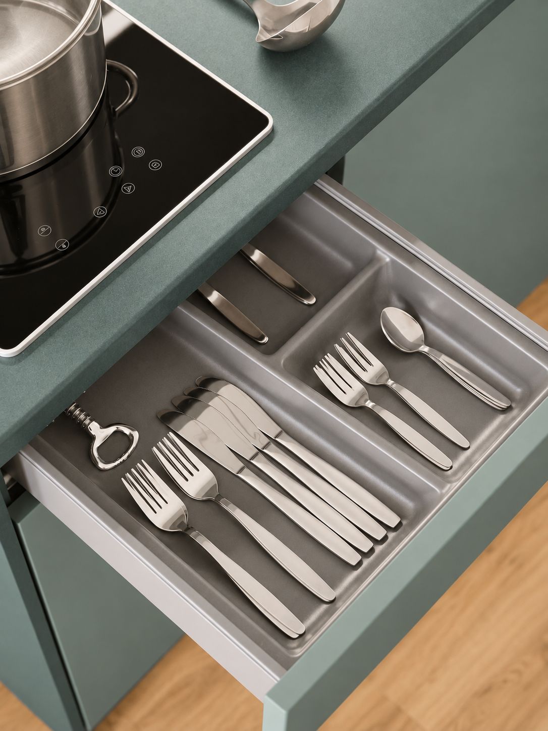 Una cocina con placa de inducción integrada y un cajón con utensilios de acero inoxidable.