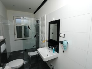 Dusche, Haartrockner, Handtücher, Seife