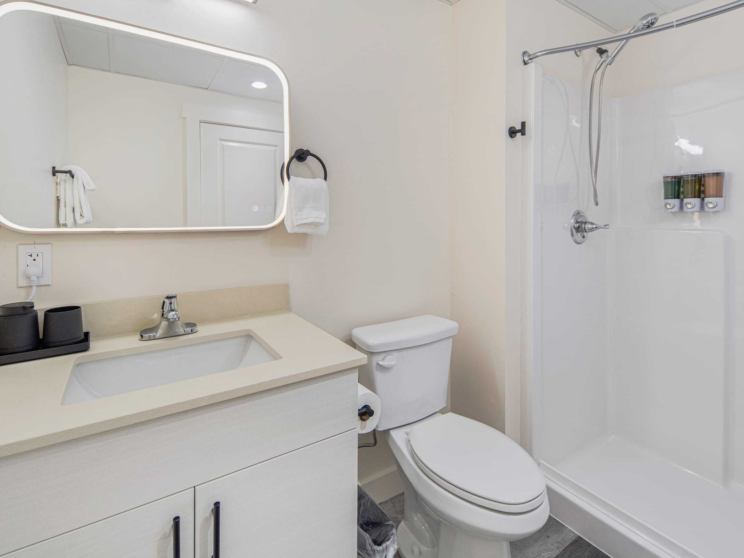 A bathroom with a sink, mirror, toilet, and shower.