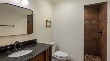 Une salle de bain équipée d’un lavabo, d’un miroir, de toilettes et d’une douche.