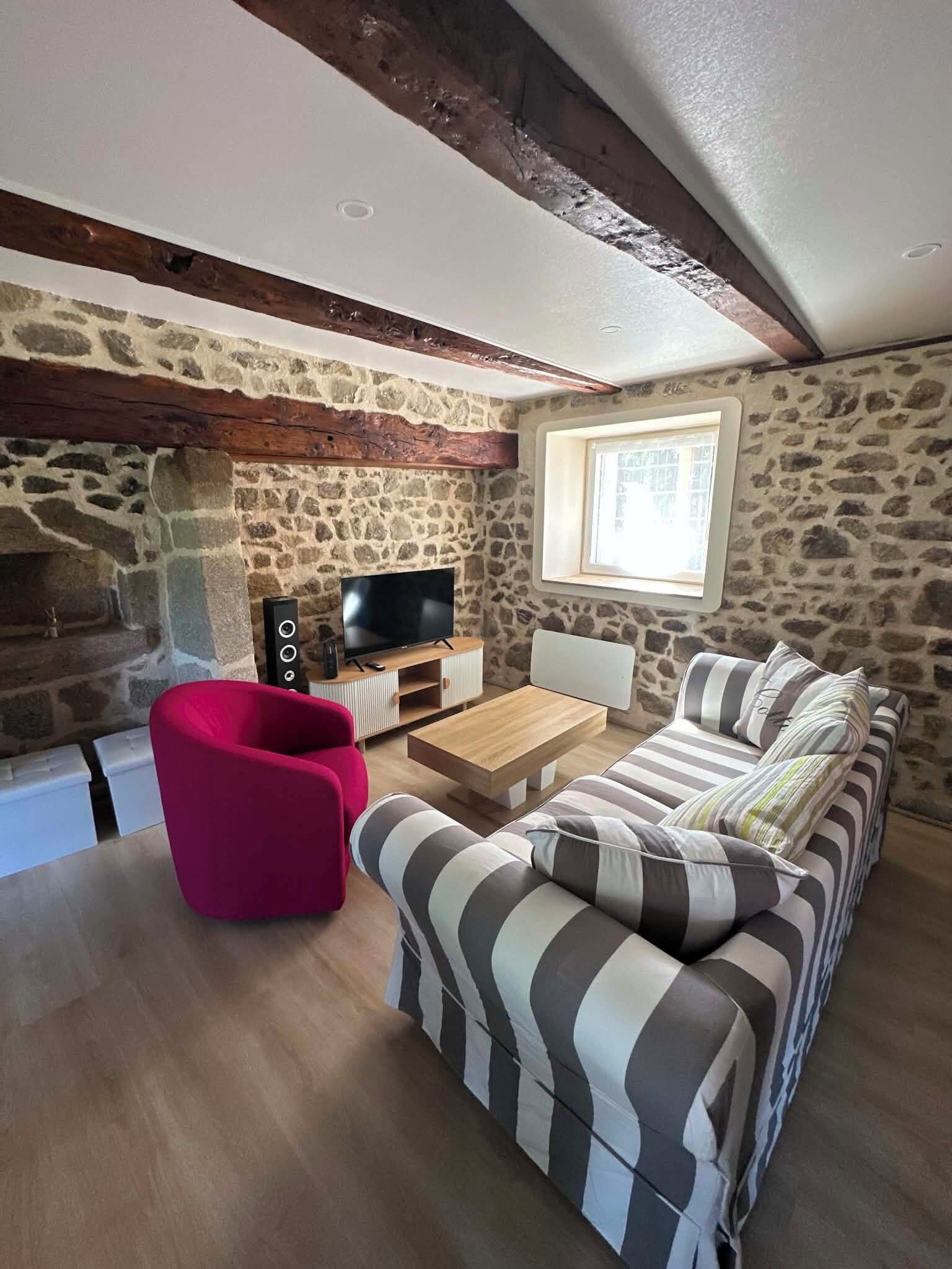Een knus woongedeelte met een stenen muur, een houten plafond, een rode fauteuil, een gestreepte bank en een televisie op een houten dressoir.