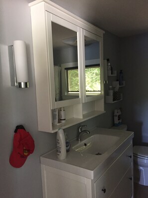 Shower, hair dryer, towels, soap - Grandpa's Cottage: Soothing 2-bedroom cottage with AC on Pimlico Pond. (Sandwich)