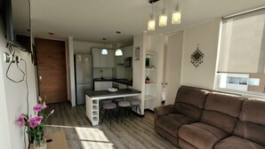 Ein kompakter Wohnraum mit Küchenzeile, Essbereich und einer Sitzecke mit Sofa.