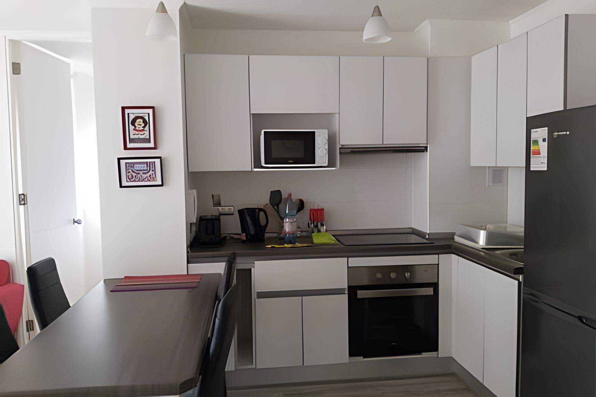Fridge, microwave, oven, cookware/dishes/utensils