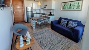 A compact living space with a kitchenette, a dining area, and a seating area with a sofa and chairs.