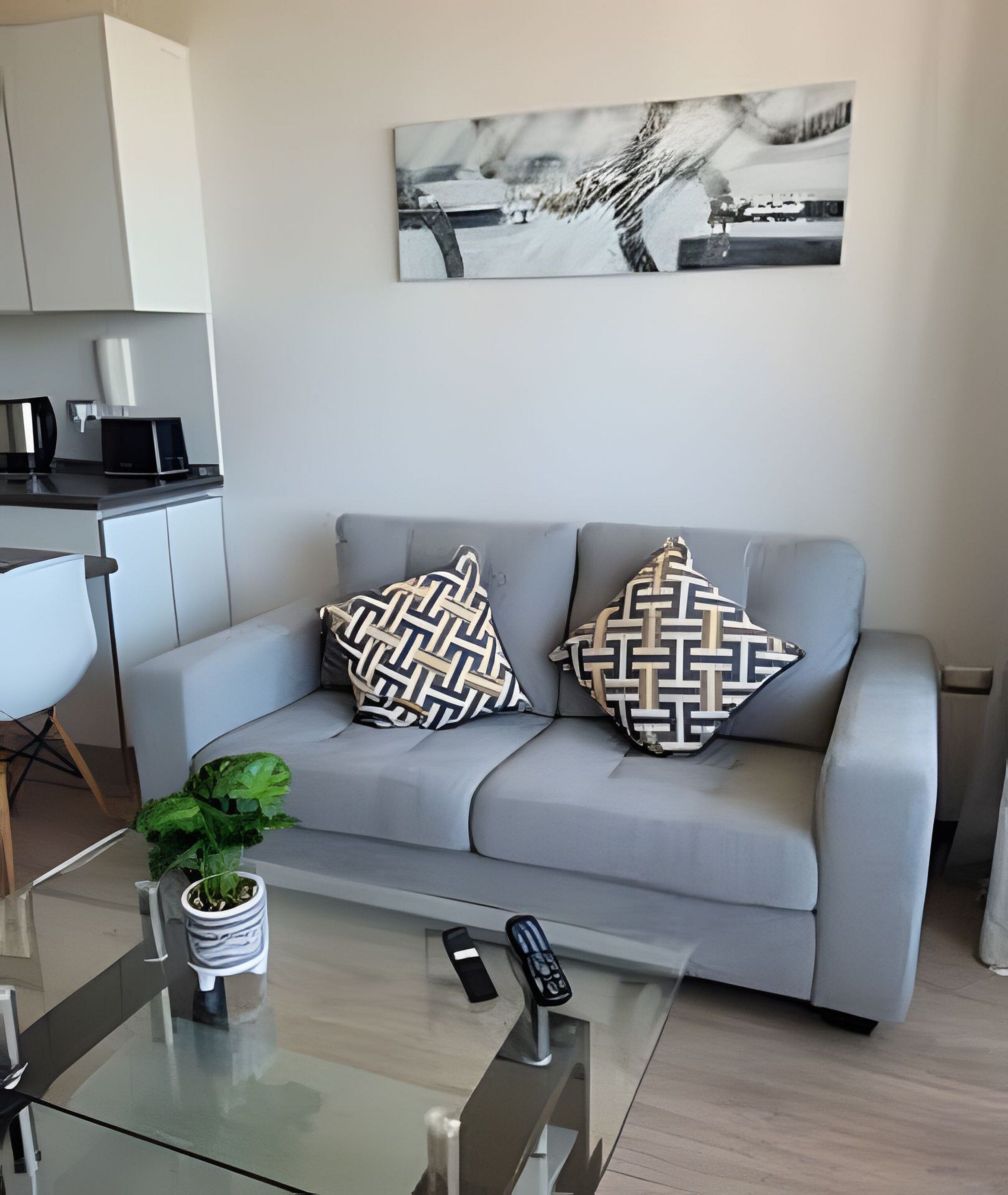 Ein modernes Wohnzimmer mit einem grauen Sofa, gemusterten Kissen, einem Glastisch, einem Blumentopf und einer Küchenzeile im Hintergrund.