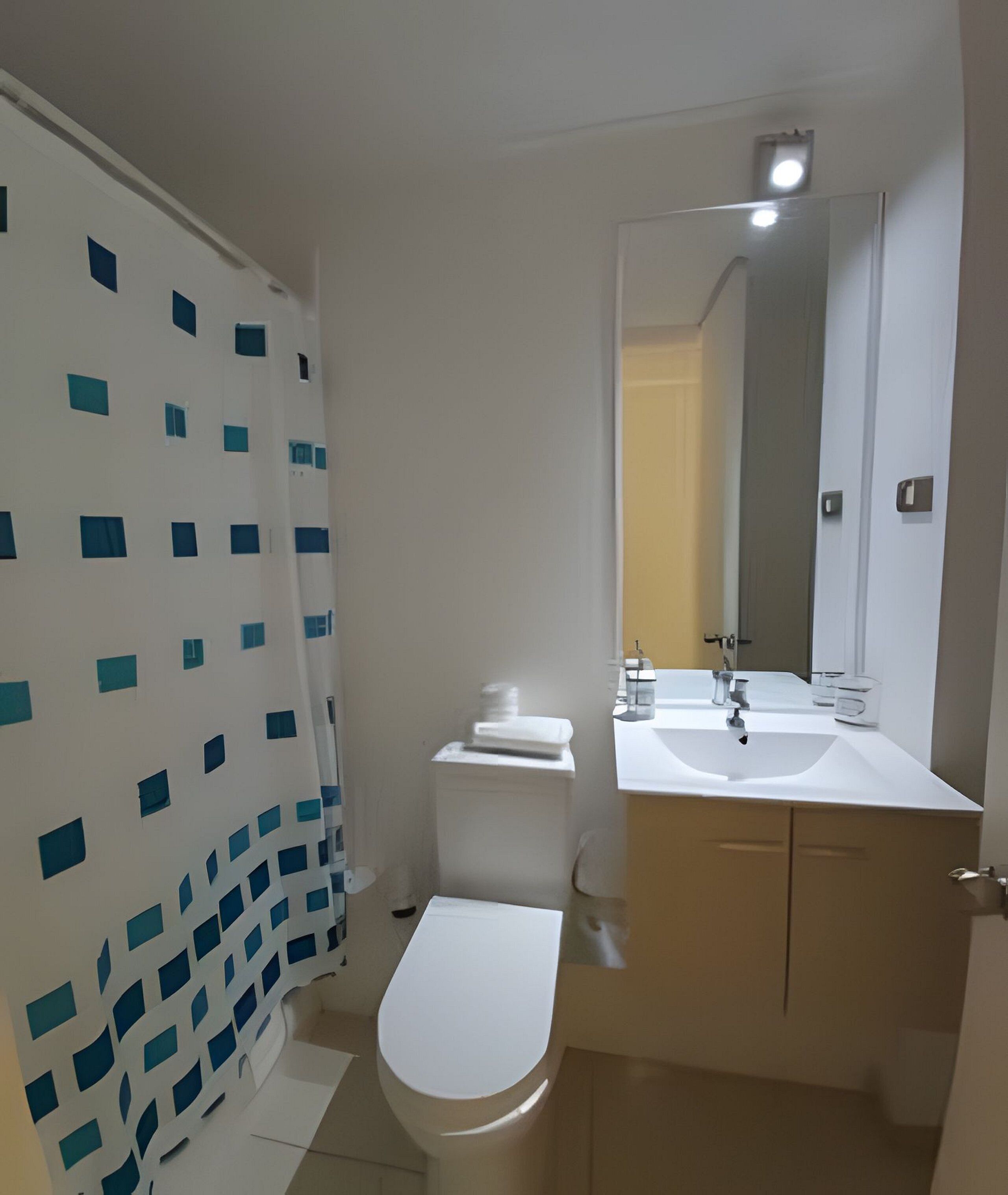 A bathroom with a toilet, sink, and shower curtain.
