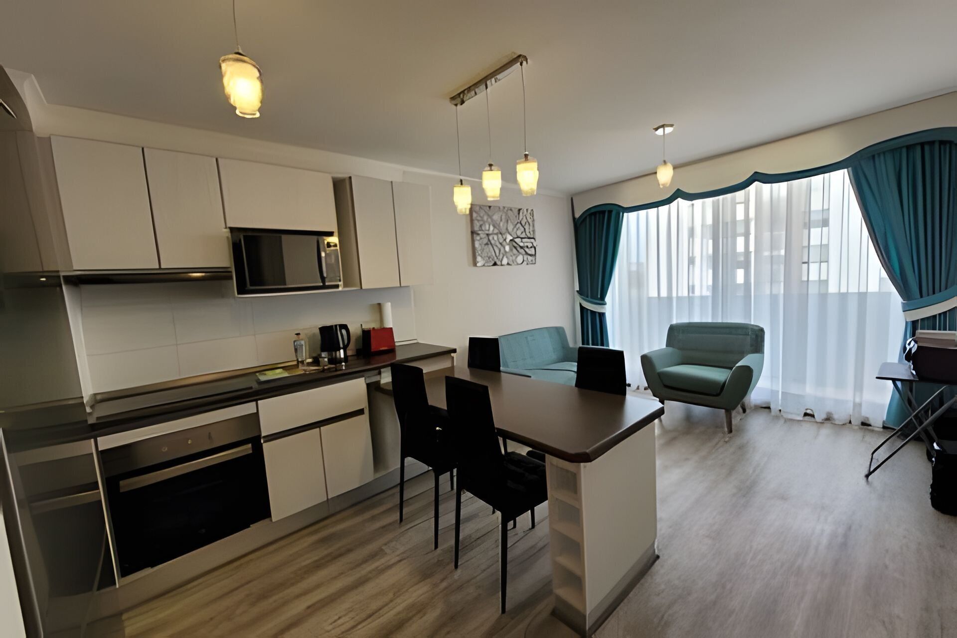 Fridge, microwave, oven, cookware/dishes/utensils