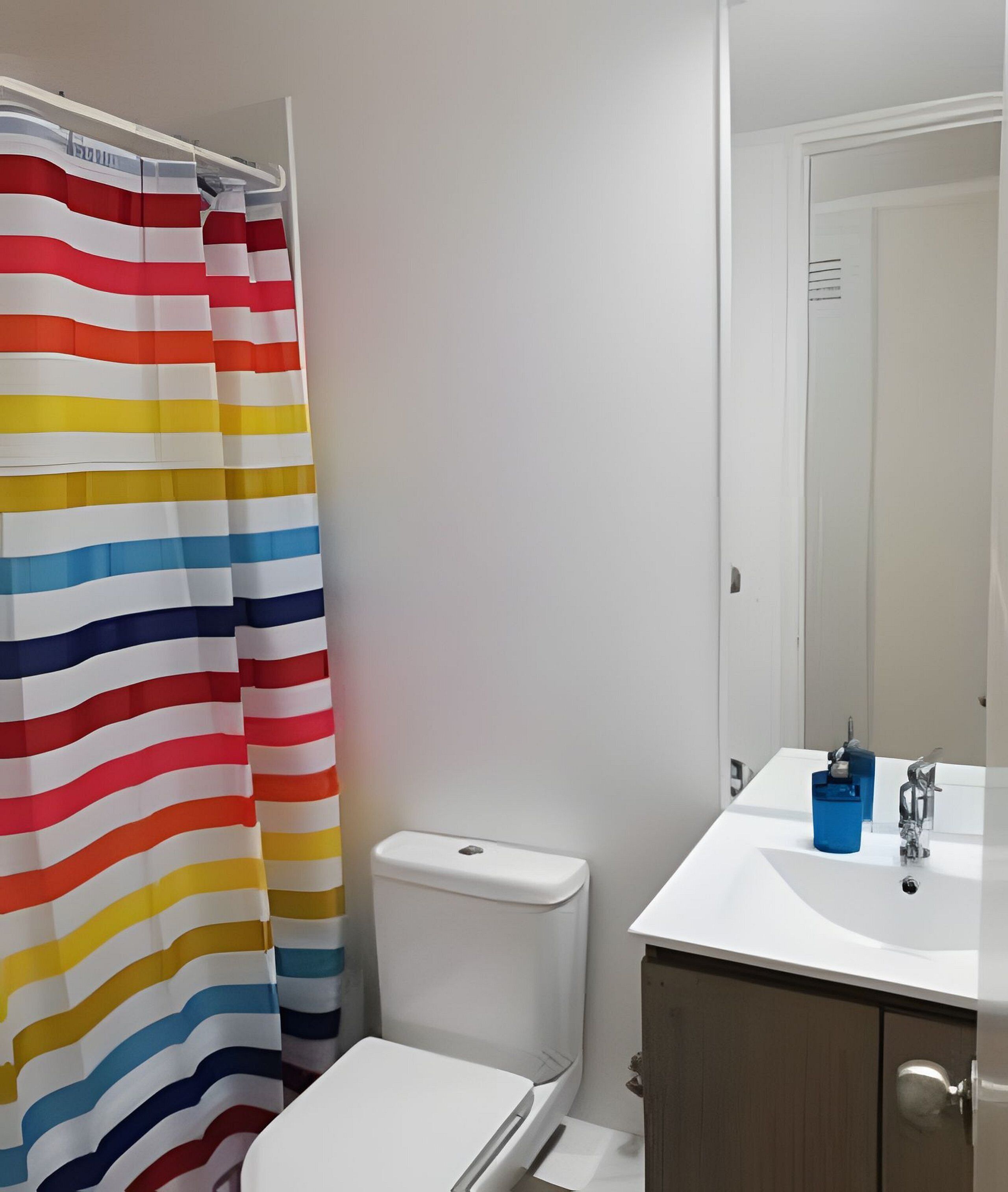 Ein Badezimmer mit gestreiftem Duschvorhang, einer weißen Toilette, einem Waschbecken mit blauem Seifenspender und einem Spiegel.