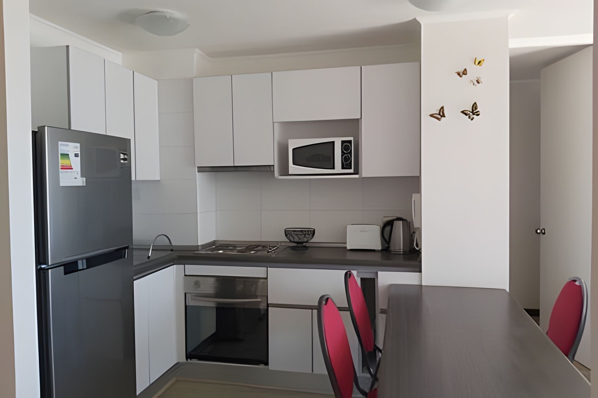 Fridge, microwave, oven, cookware/dishes/utensils