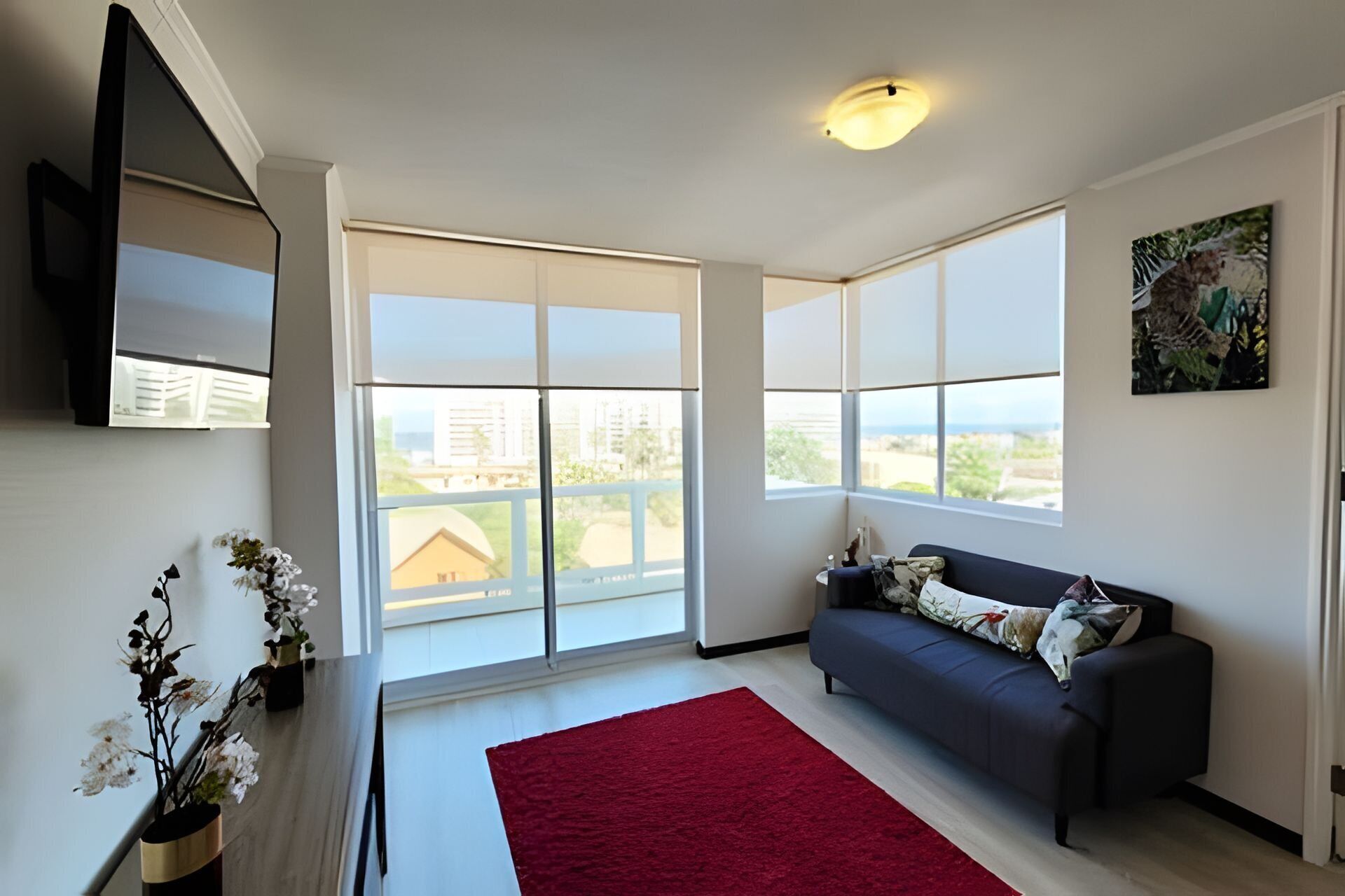 A living room with a sofa, a red rug, a flat-screen TV, and large windows with a view of buildings.