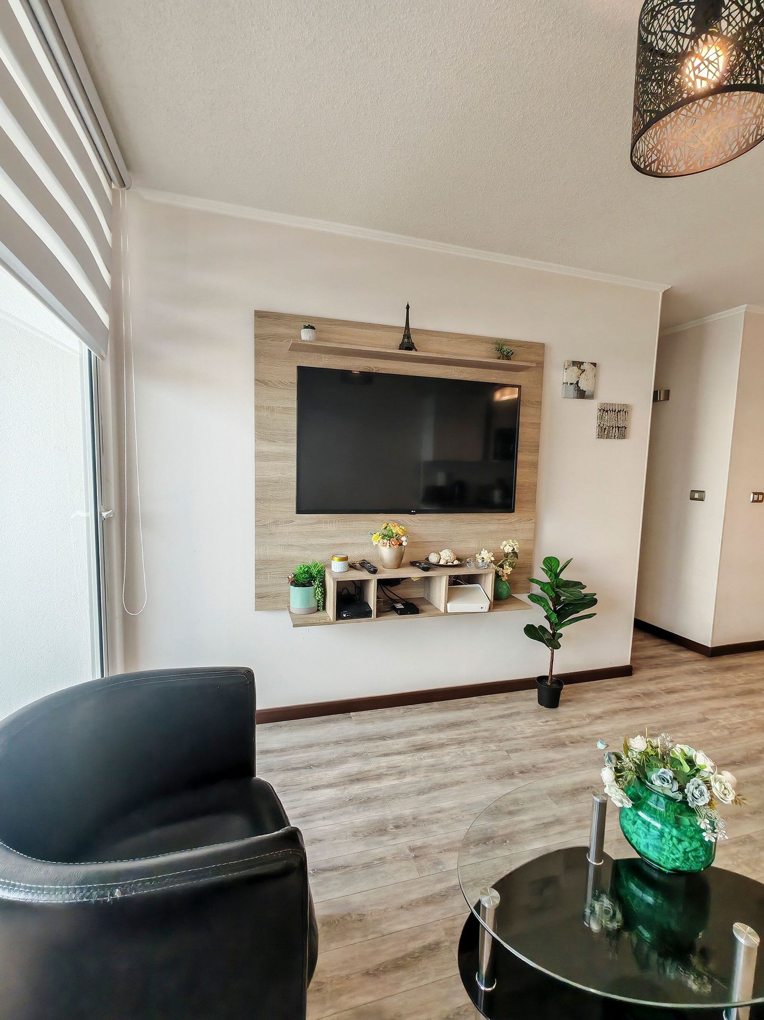 A modern living room with a flat-screen TV mounted on a wooden panel, a black leather sofa, a glass coffee table, and a potted plant.