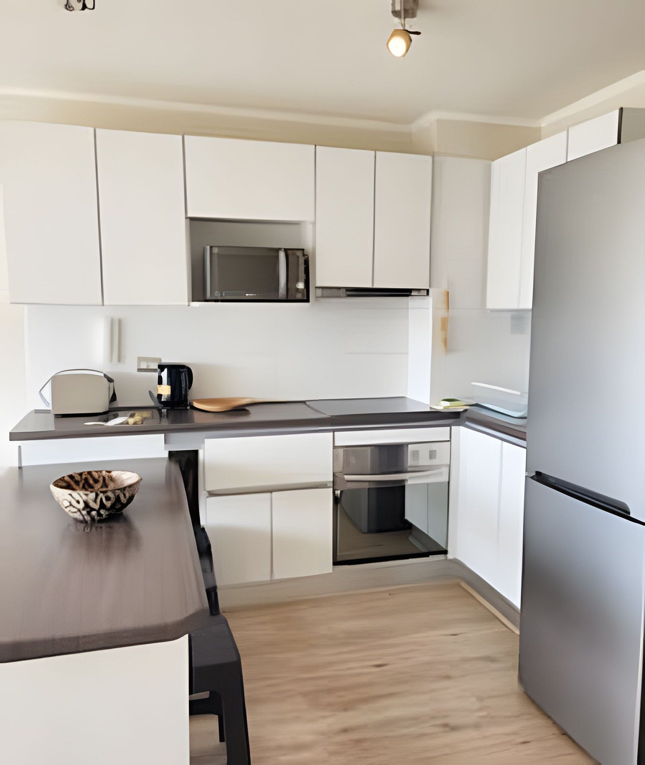 Fridge, microwave, oven, cookware/dishes/utensils