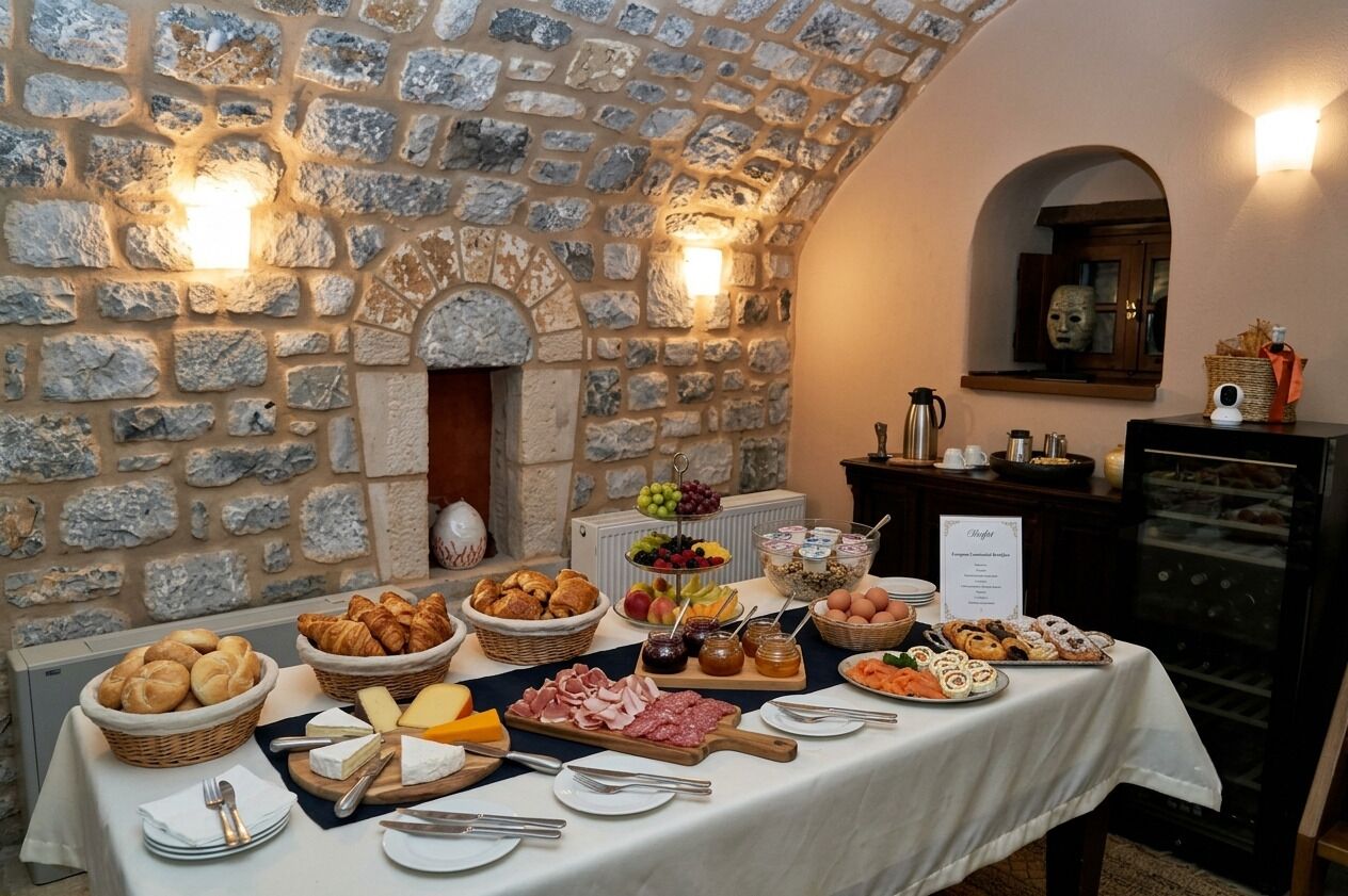 A stone-walled room with a buffet table featuring bread, cheese, meats, and fruits.