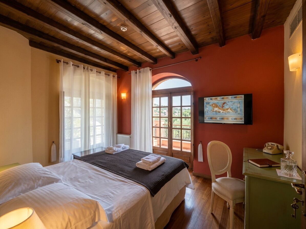 A hotel room with a bed, a desk, a chair, a painting, and a view through an arched window.