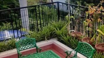 A terrace with green metal furniture, a palm tree, and potted plants.