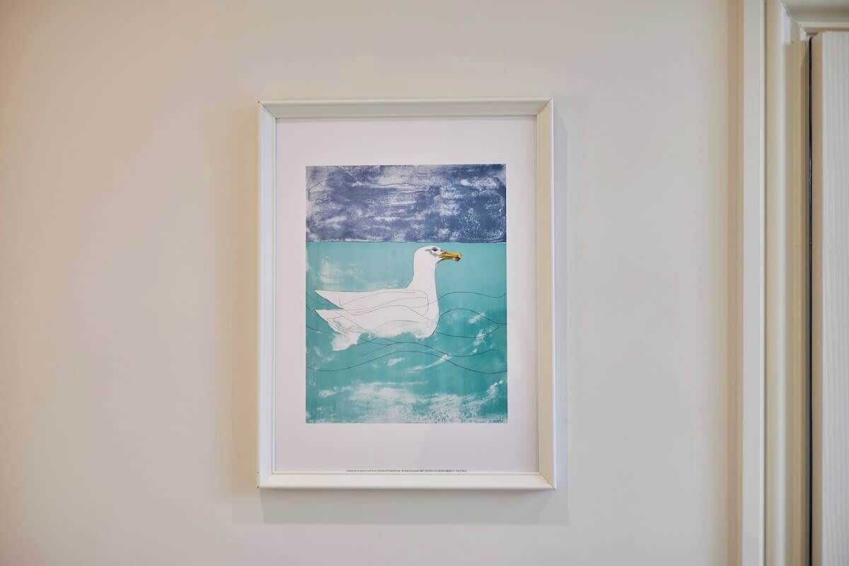 A framed artwork of a seagull on a teal background.