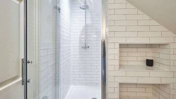 Shower, hair dryer, shampoo
