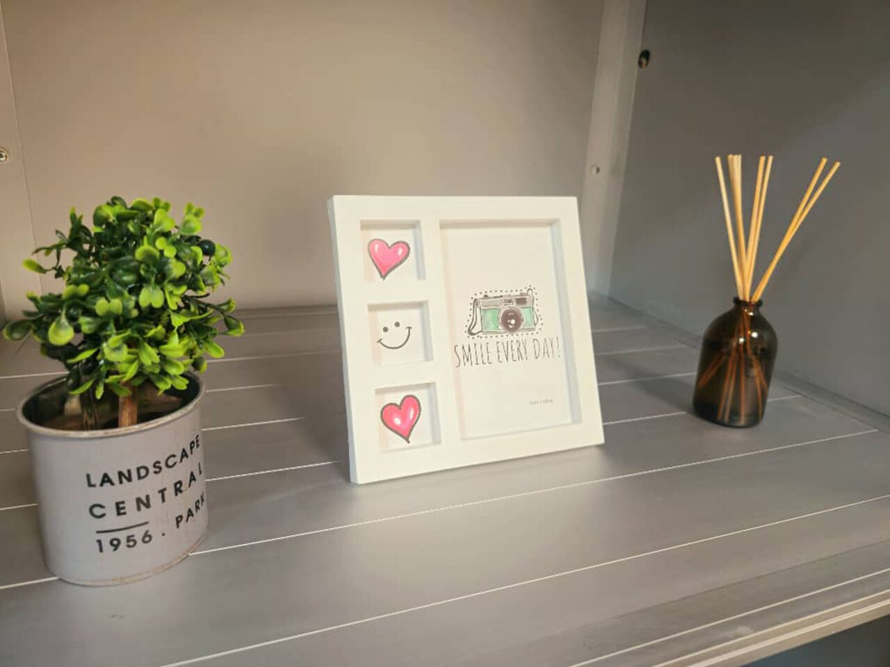 A framed picture with a camera and hearts, a potted plant, and reed diffuser sticks on a shelf.