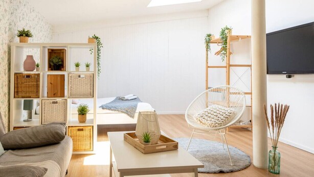 A modern living room with a sofa, a white table, a wicker chair, a TV, and a bookshelf with plants. - Studio with free, private parking (Caen)