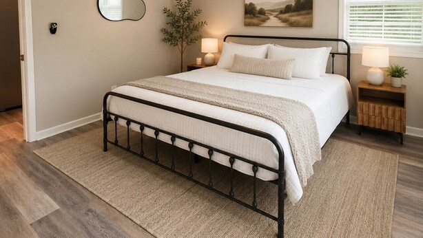 A bedroom with a bed, a ceiling fan, a bedside table with a lamp, a mirror, and a picture on the wall.