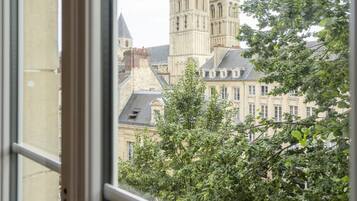 A view through a window with a metal railing, overlooking a historic building with multiple spires and a large, ornate structure.