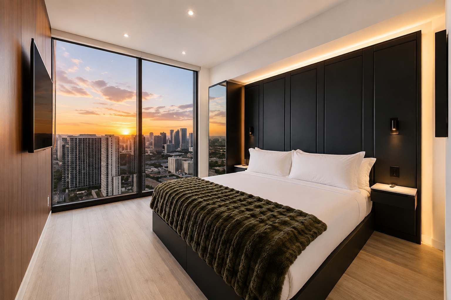 A modern bedroom with a large bed, a city view, and a minimalist design.