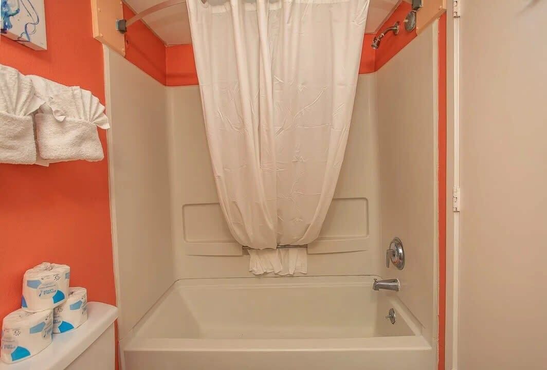 Ein Badezimmer mit Badewanne, Duschvorhang und Toilette mit Toilettenpapier.