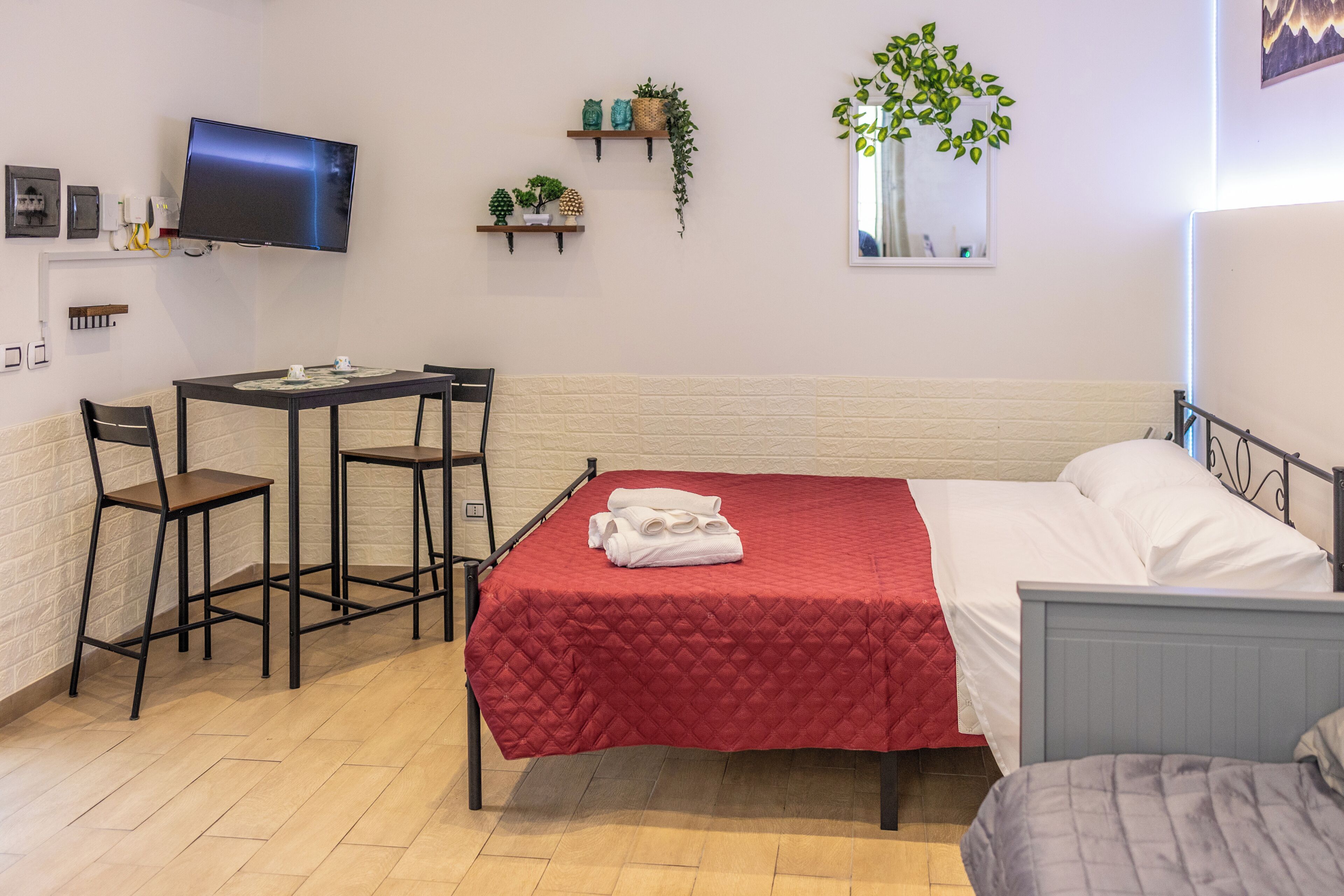 Una habitación con cama, un escritorio con sillas, un televisor y estanterías con plantas.