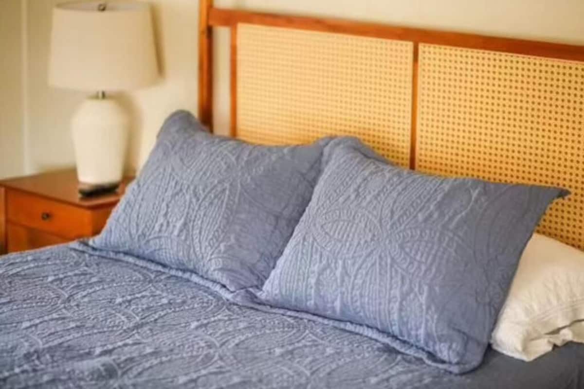 Una cama con una colcha estampada y dos almohadas, un cabecero de madera y una mesita de noche con una lámpara.