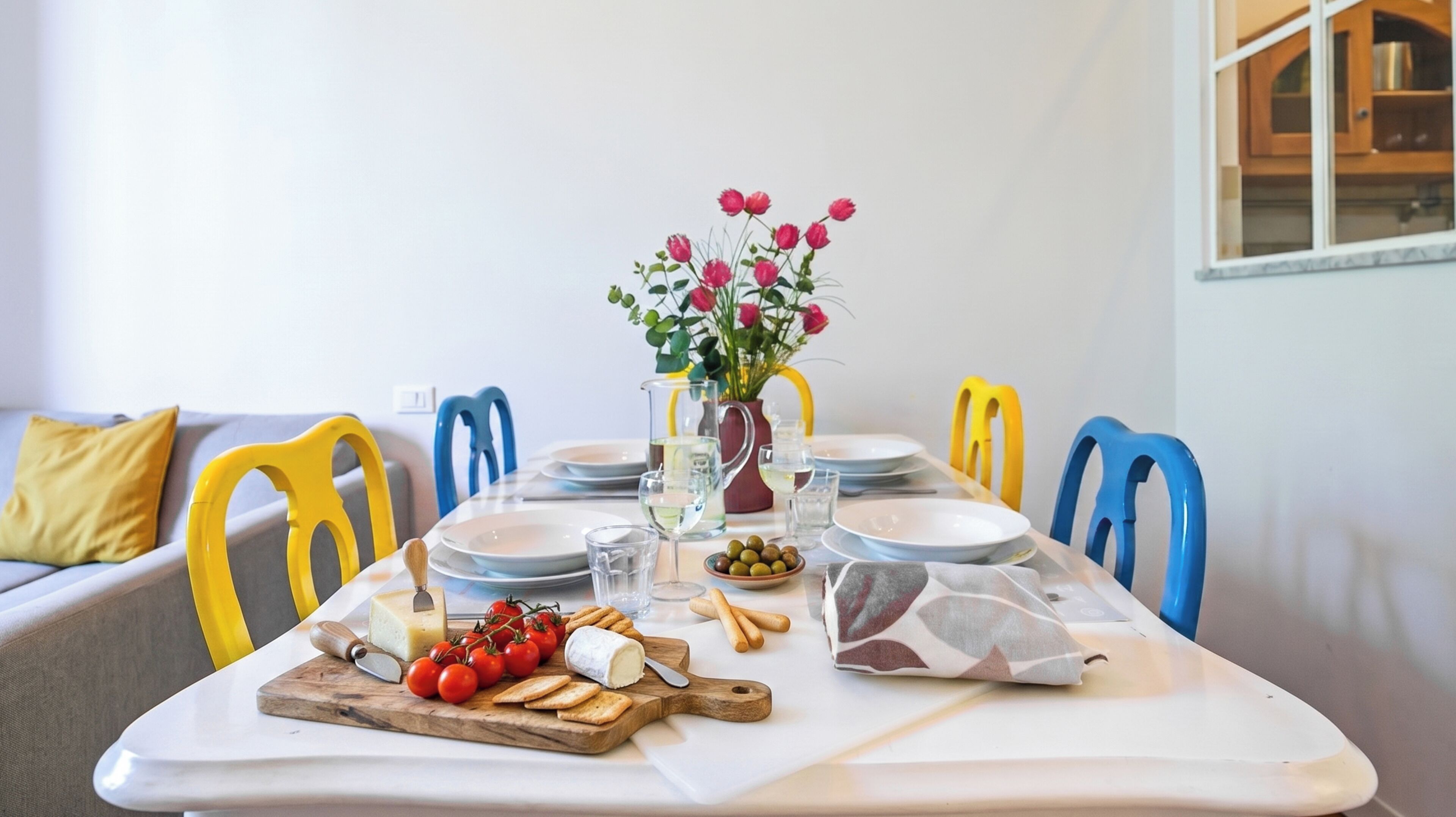 Mesa lista con platos, vasos, una jarrilla, un cuenco de aceitunas, una tabla de madera con queso y tomates, y un florero con flores.