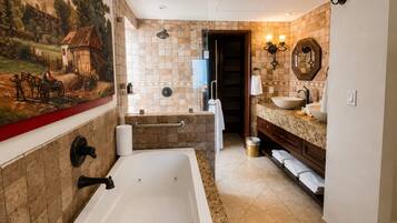 Shower, jetted tub, hair dryer, towels