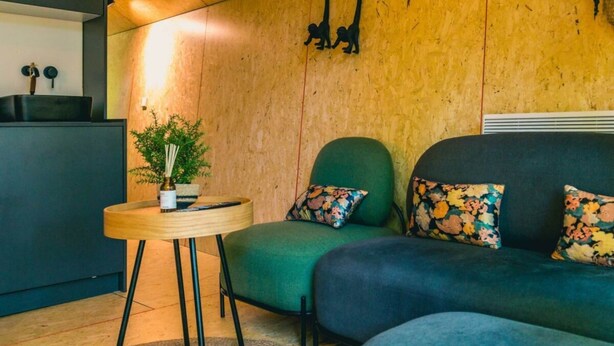 Una camera accogliente con soffitto in legno, un divano verde con cuscini floreali, un tavolino rotondo con una pianta e un armadietto nero.