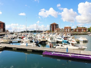 A marina with multiple boats docked, a wooden pier, and buildings in the background. - 8 Percy Terrace (Sunderland)