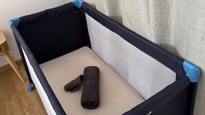 A small, enclosed play area with a padded floor, a rolled-up towel, and a blue corner support. - Apartment in the heart of Annonay (Annonay)