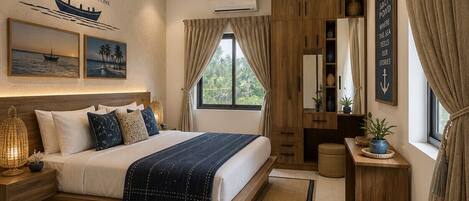 A modern bedroom with a large bed, a wooden headboard, a wall-mounted air conditioner, a ceiling light fixture, and a window with curtains.