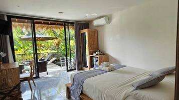 Junior Double Room, Pool View | In-room safe, desk, laptop workspace, iron/ironing board