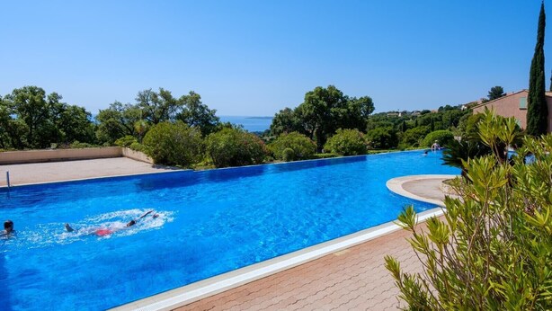 Piscina com vista clara para o mar, cercada por vegetação e um caminho de tijolos.