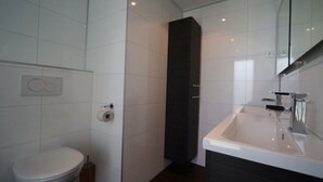 A modern bathroom with a toilet, a dark vertical cabinet, and a white sink with a mirror above it. - Holiday Home in Halfweg With Terrace (Halfweg)