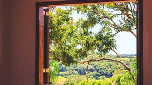 A window with a view of a lush green landscape and a tree branch.