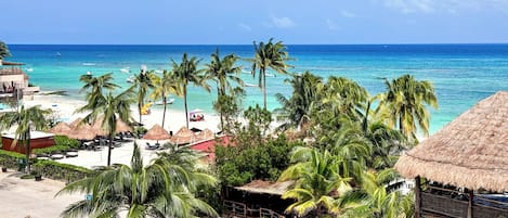 A beach with palm trees, a thatched-roof structure, and a view of the ocean.