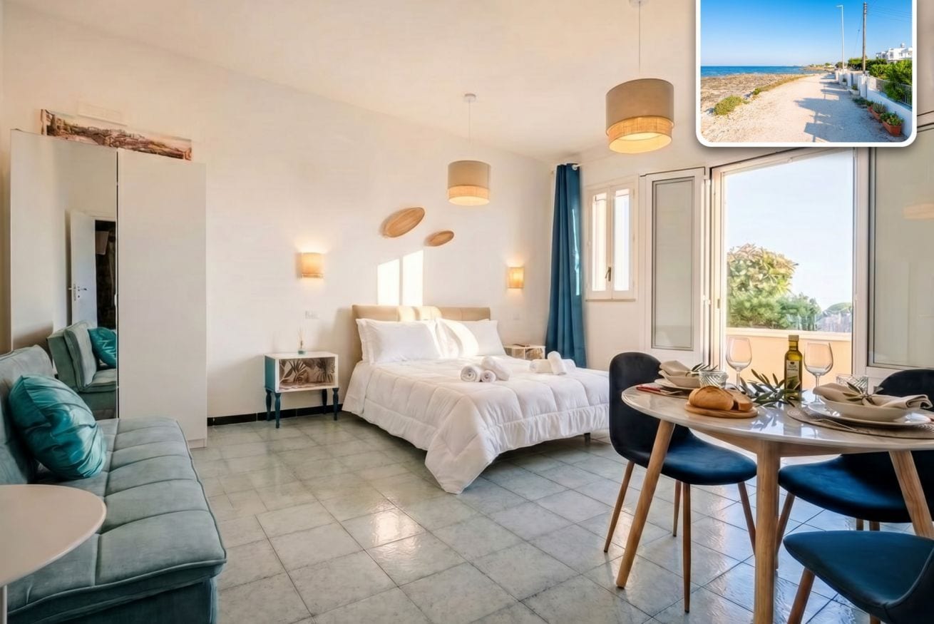 Une chambre d’hôtel comprenant un lit, une table à manger avec des chaises, un canapé, une table de chevet et une fenêtre donnant sur la plage.