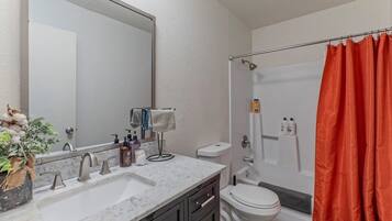 Hair dryer, towels, soap, toilet paper