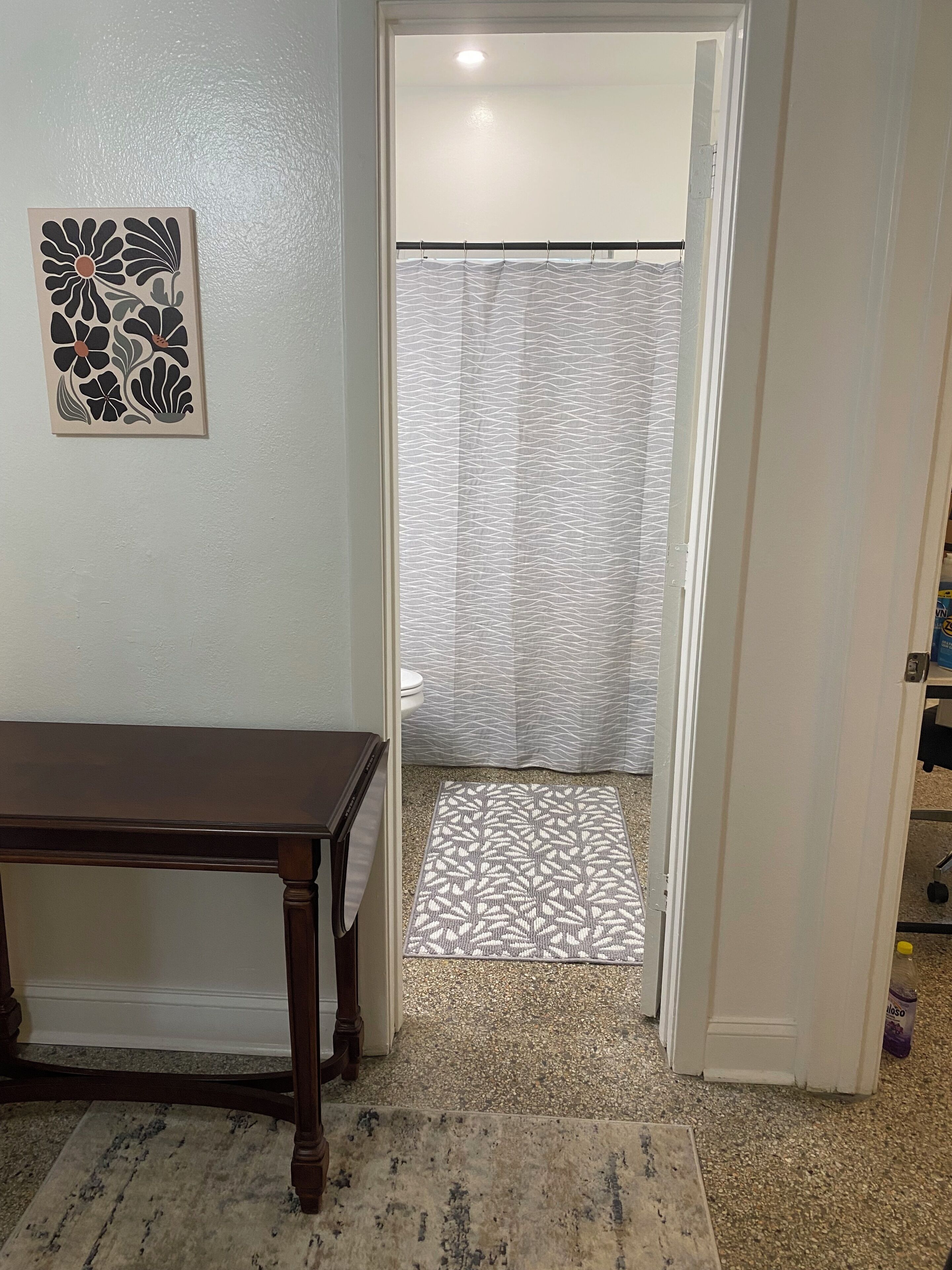 Una habitación con una mesa de madera, un tapete estampado, una cortina de ducha y una obra de arte en la pared.