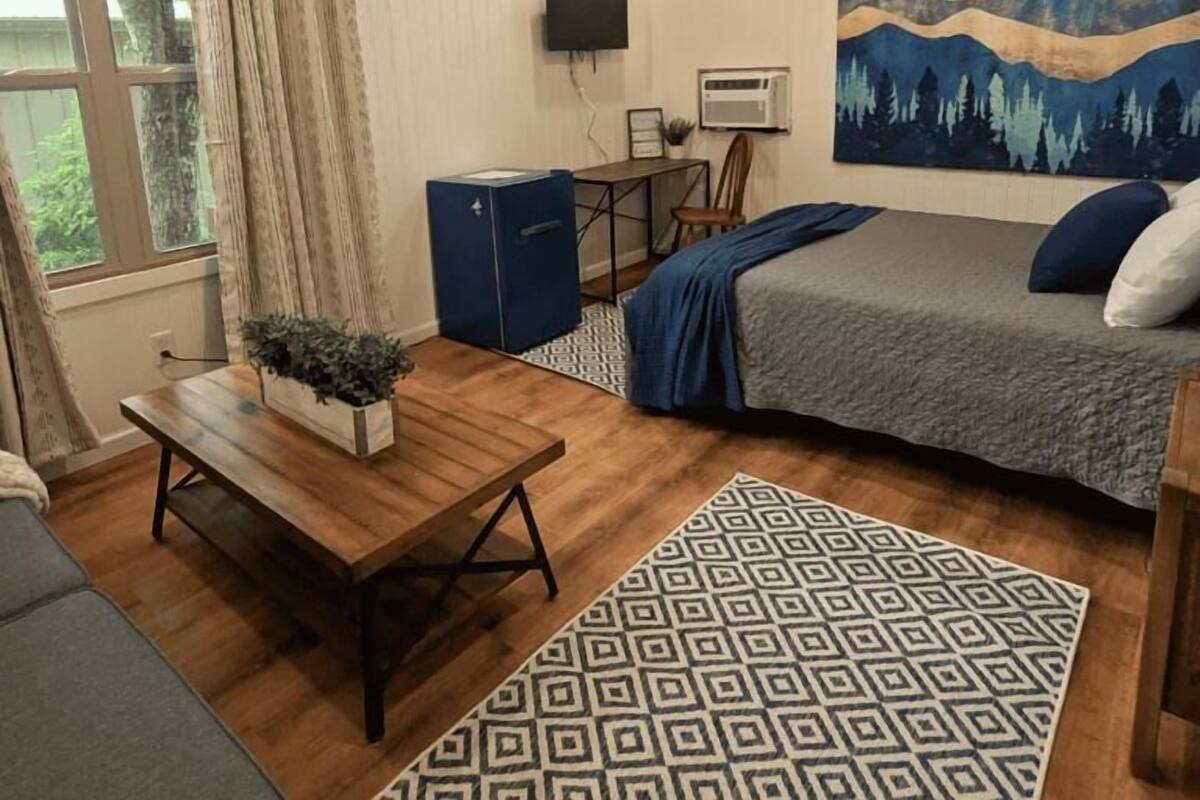 Una habitación con cama, escritorio, televisión, ventana con cortinas y un cuadro en la pared.