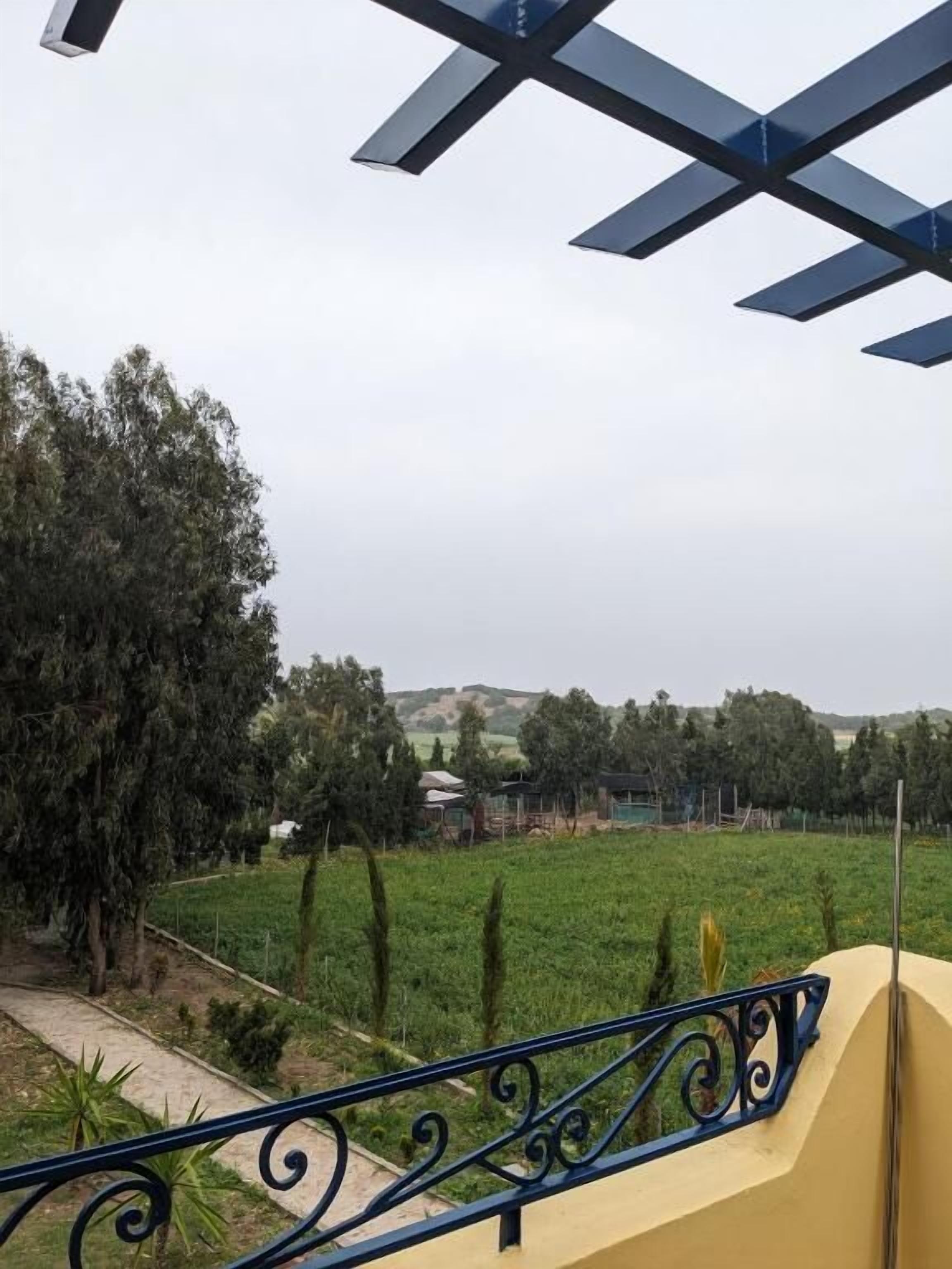 A balcony with a metal railing, a view of a green field, and trees in the background.