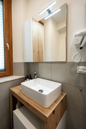 Regadera, secadora de cabello, bidet, toallas 