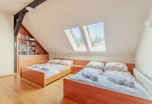 A bedroom with two wooden beds, a skylight, a bookshelf, and a radiator.