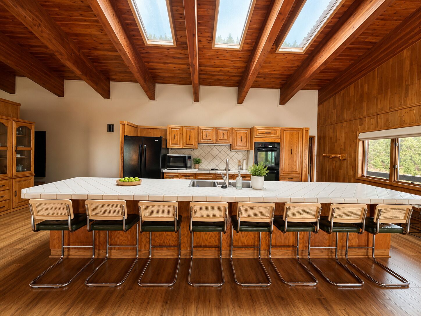 A modern kitchen with wooden cabinetry, a large island with bar stools, skylights, and a view of the outdoors.