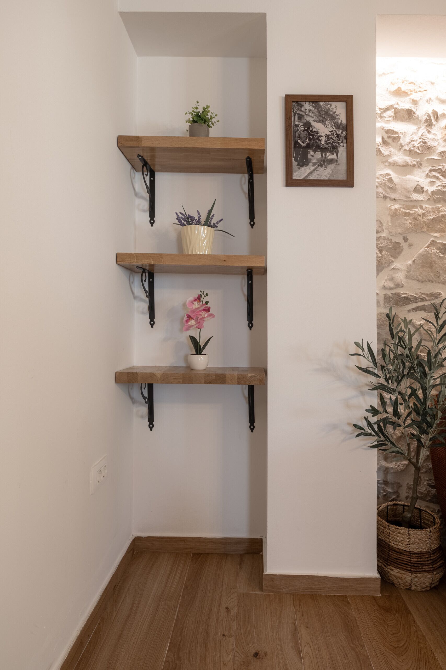 A corner with wooden shelves, a potted plant, and a framed picture on the wall.